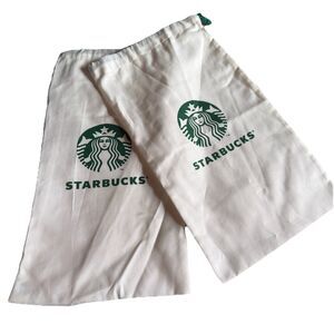 2 x New Starbucks Asia White Green Reusable Drawstring Bag Dust Bags 7.5 x 13